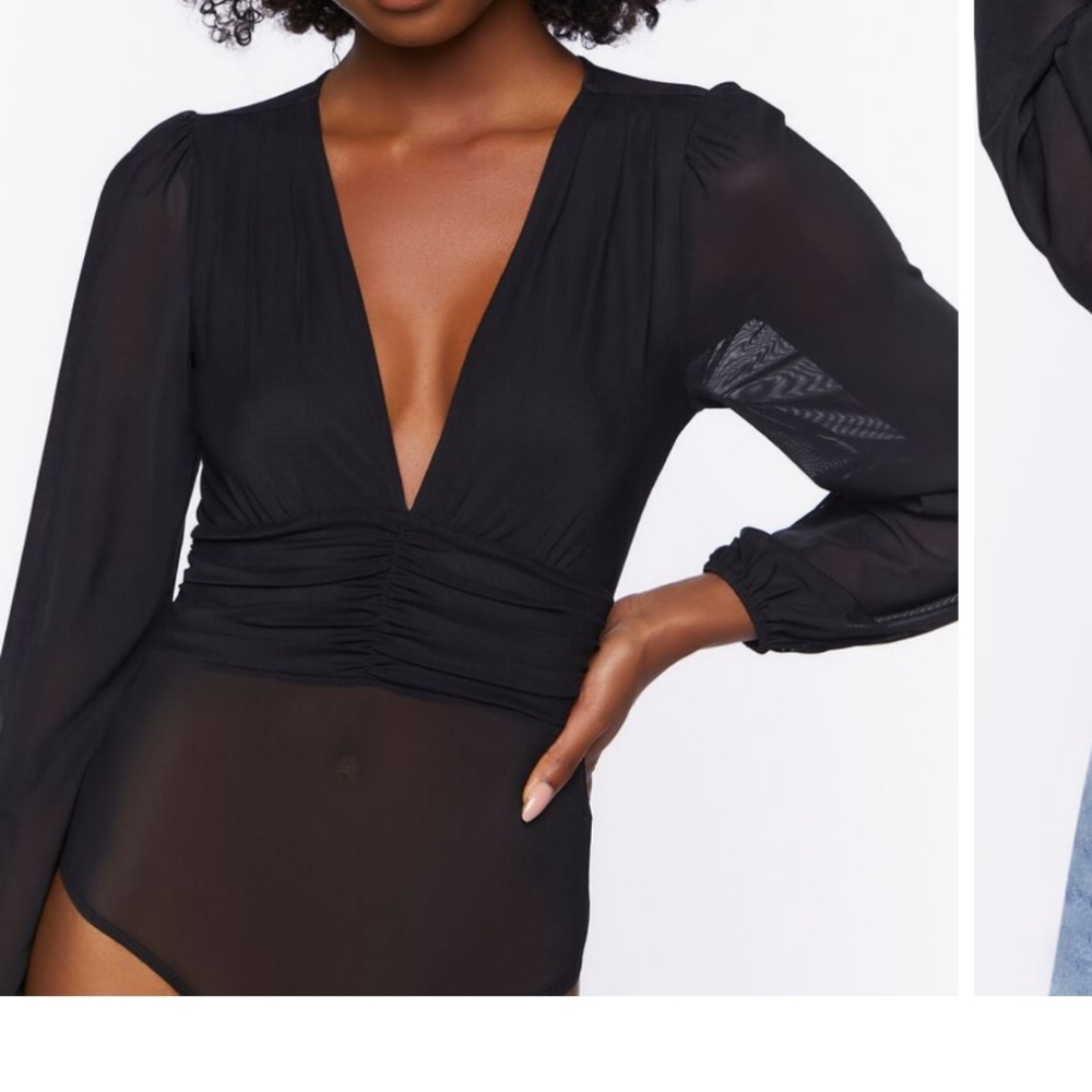 Plungging black bodysuit sheer sleeves